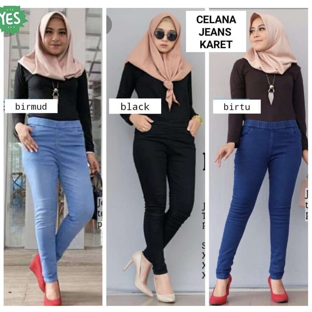 Jeans Pingang Karet Wanita Jumbo /Celana Leging Jeans pinggang karet Jumbo