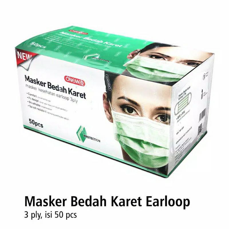 Masker Bedah Karet Hijau Earloop 3ply Onemed isi 50pcs / Masker Medis / Non Medis Onemed 3 ply Origi