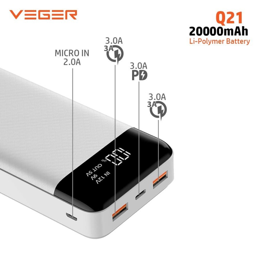 Powerbank VEGER Q21 20000 mAh Powerbank Fast Charging 3.0 Led Digital