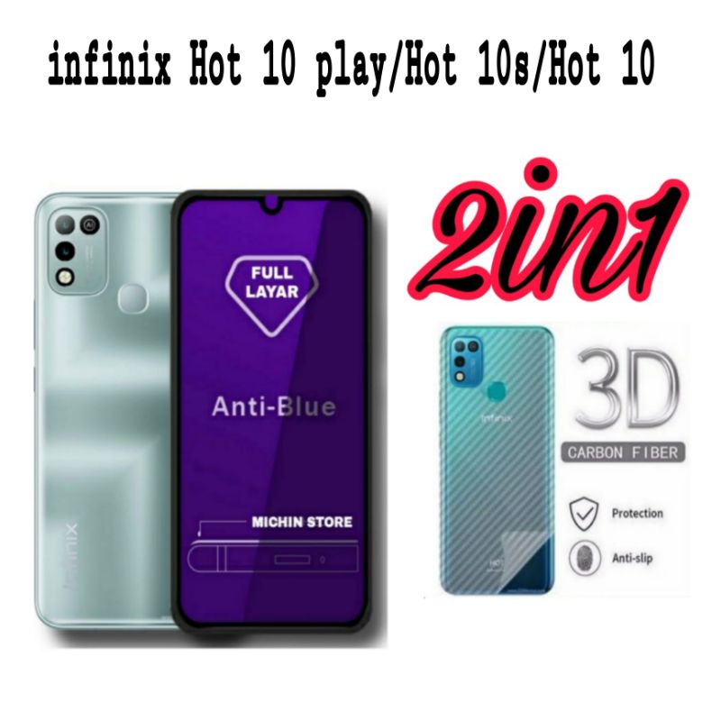 Paket 2in1Tempered Glass Blue Light INFINIX HOT 11 10 PLAY 11 11s 11s NFC  10 Anti Radiasi Full + Garskin 3D