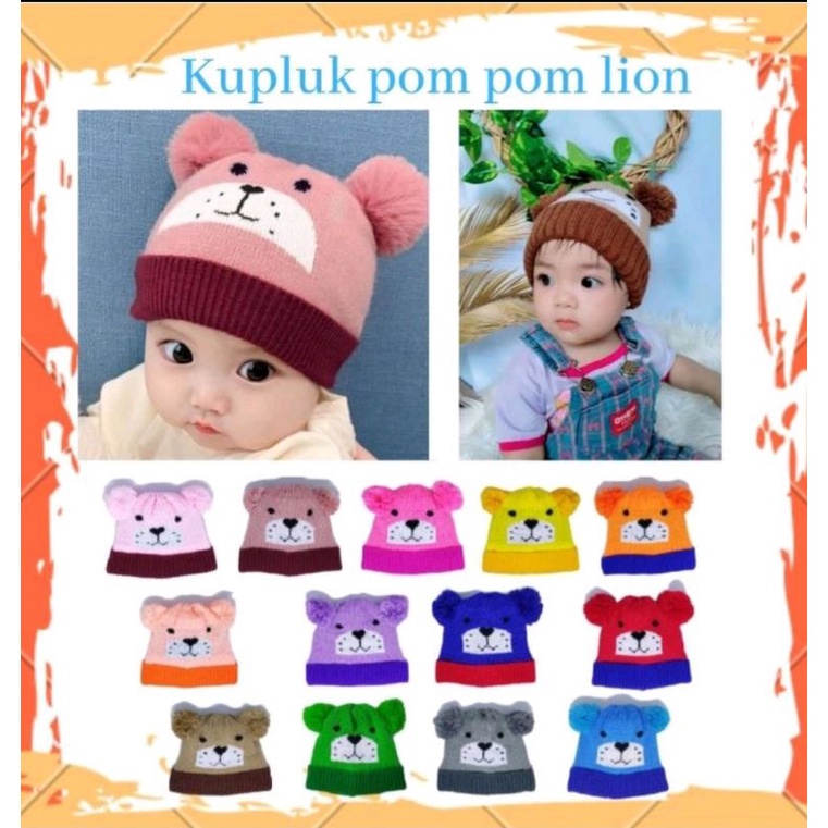 Kupluk pompom rajut anak karakter lion