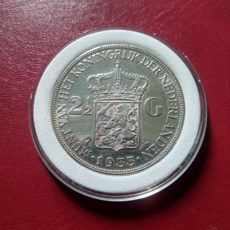 Koin Perak 2,5 Gulden 2½ G Tahun 1933 Wilhelmina - Rambut Kasar - Deep Hair