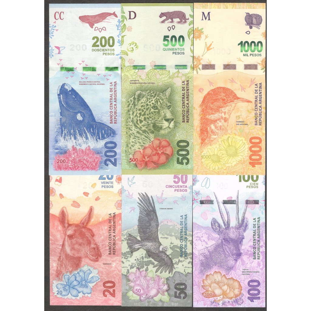 Uang Kertas Set Lengkap Argentina 20 50 100 200 500 1000 Pesos UNC Baru Gress