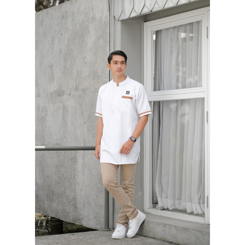 Baju Koko Muslim Pria / Baju Koko Kurta Kasual Muslim Gratis Ongkir + COD - Soleh Abu Bakar White