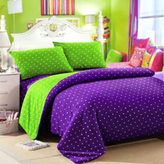 Vhepra Sprei Katun Motif Polkadot Ungu Kombinasi Hijau