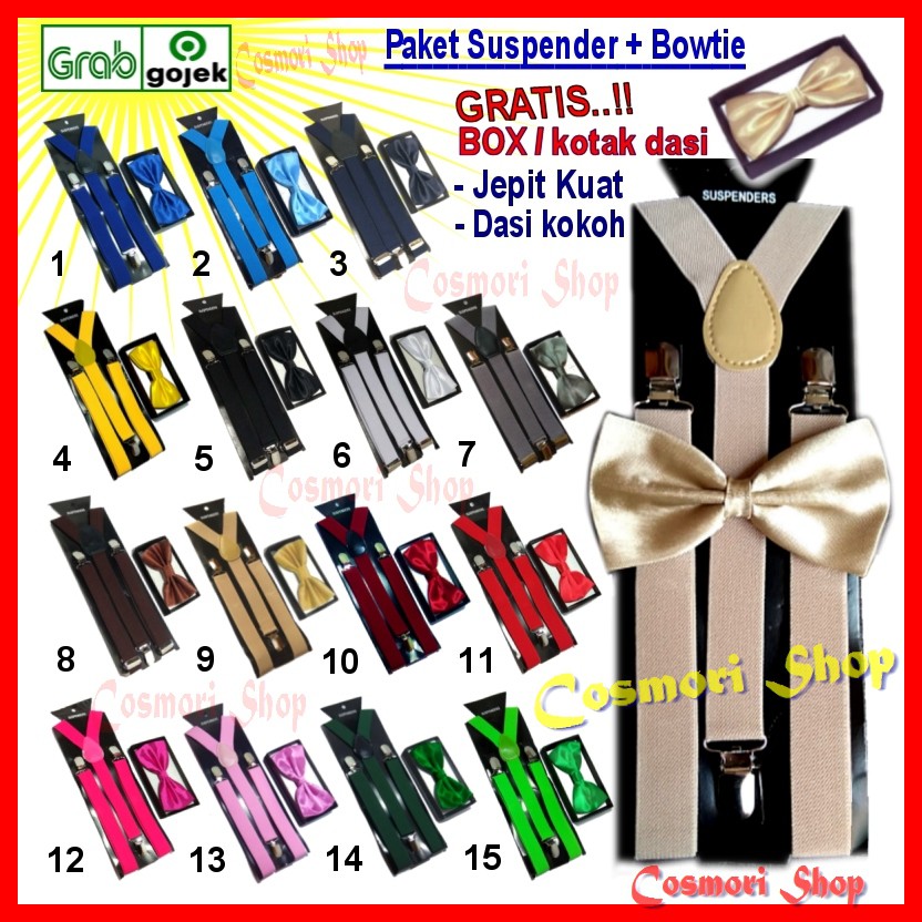 Suspender Dasi Kupu Gold Bowtie Krem Hitam Merah Bretel Biru Pria Dewasa Pengantin Pesta Bridesmaid