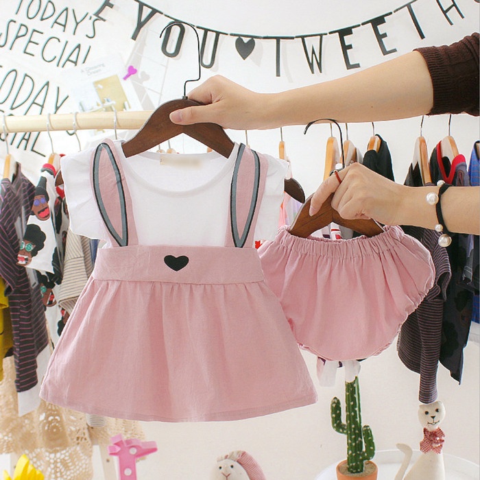 new 2021 Dress Rabbit Baju + Celana anak baby kids perempuan model kelinci - Merah Muda, S