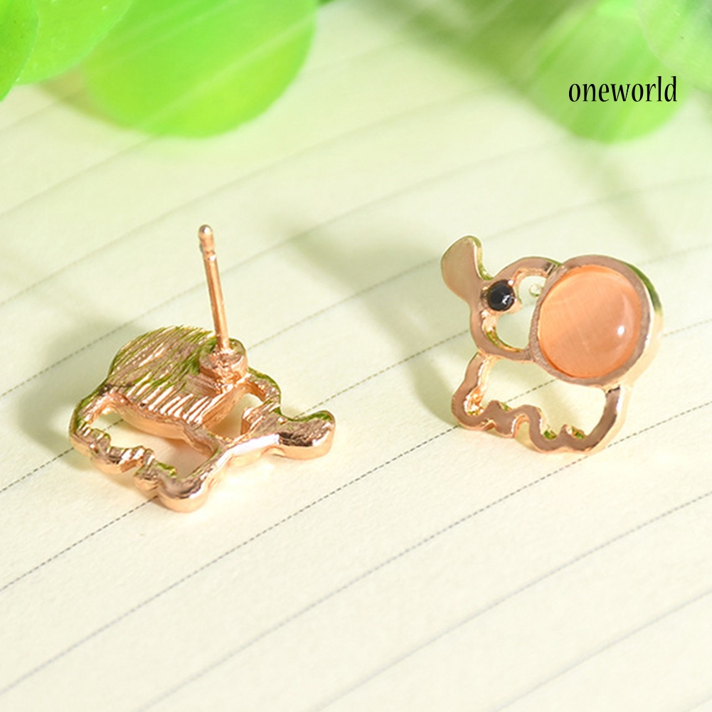 OW# Cute Women Faux Opal Inlaid Hollow Elephant Shape Ear Stud Earrings Jewelry Gift