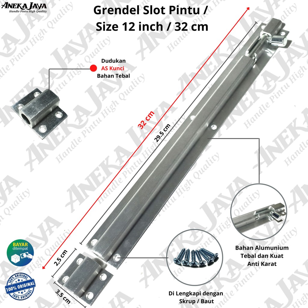 Grendel 12 inch 32 cm / Slot pintu depan daun pintu 2 / Grendel alumunium anti karat tebal dan awet