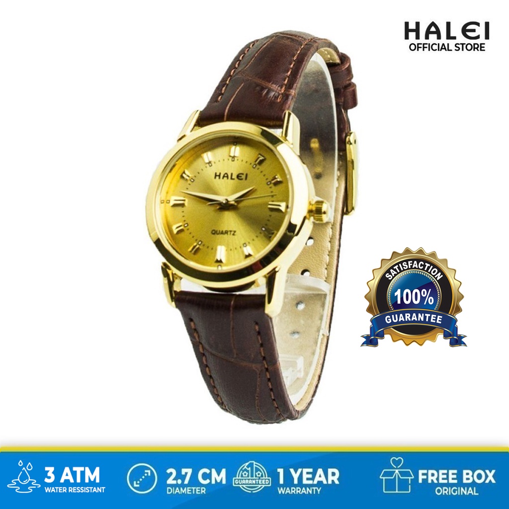 Premium (RRW) Halei watch Original jam tangan kulit wanita Tahan air Free Box Halei Gold 502 L