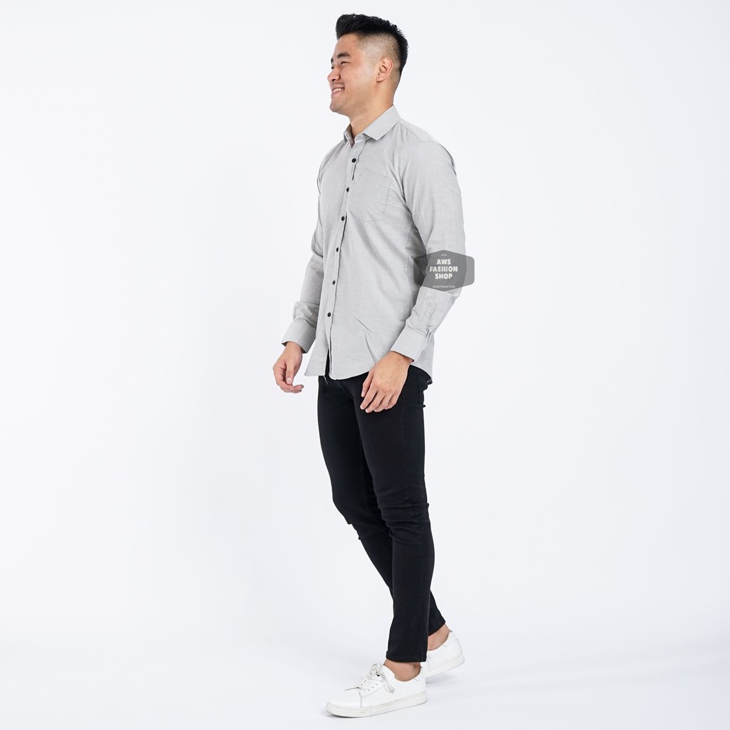 Kemeja Pria Lengan Panjang Polos Abu-Abu Grey Slimfit Abu Oxford Casual Slimfit 3376