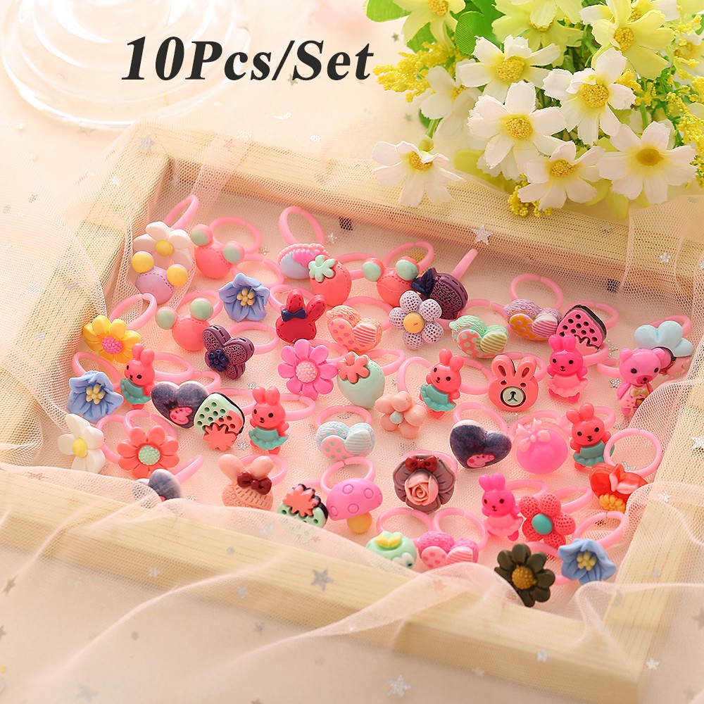 10pcs / Set Cincin Desain Kartun Hewan Bunga Buah Warna Acak Gaya Korea Untuk Aksesoris Perhiasan