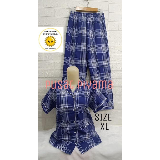 Setelan Lengan Pendek Piyama Baju Tidur Wanita Guilen Kotak Pajamas Cewek Dewasa Kekinian Abg-XL Lgn Pendek Navi