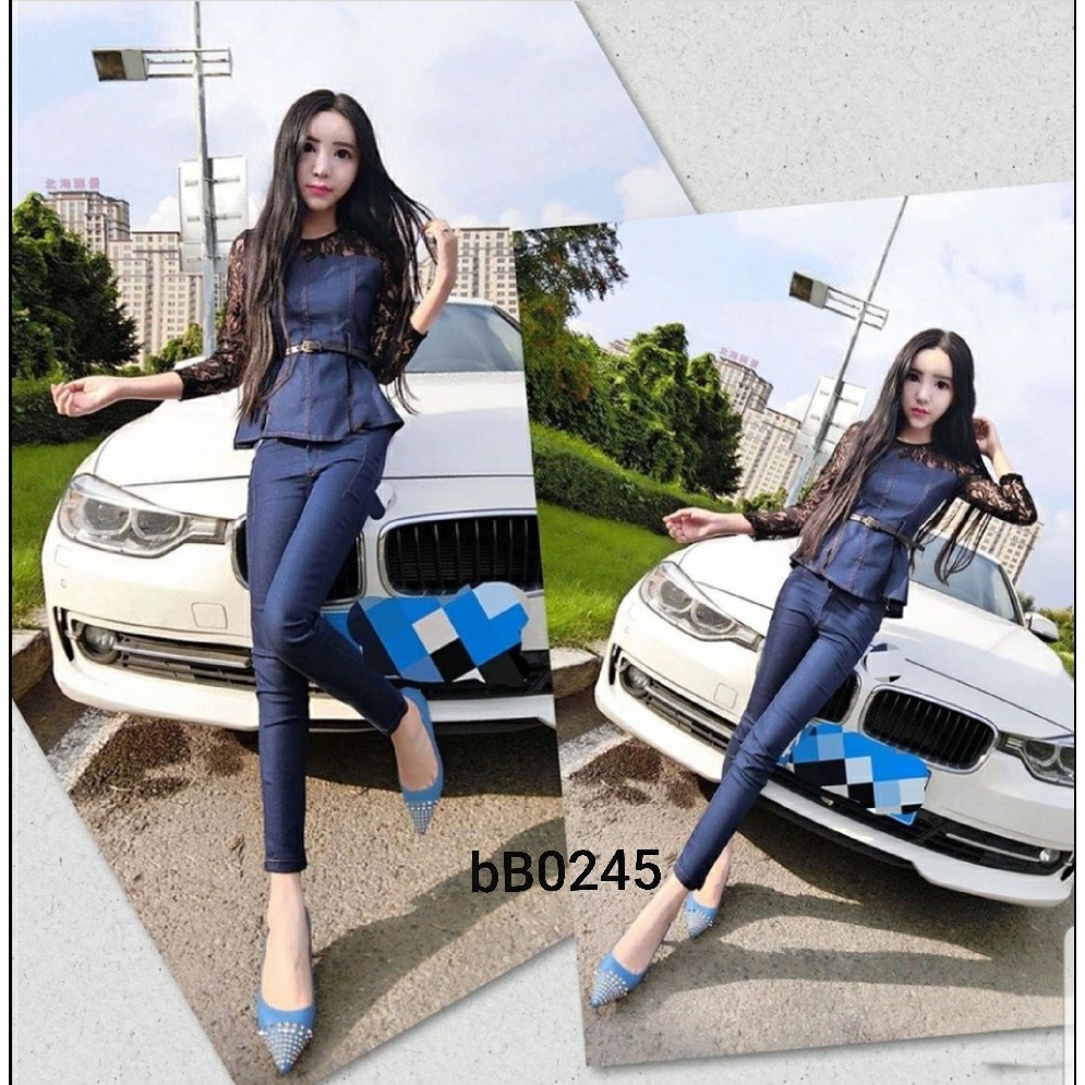 Setelan Stelan Pakaian Baju Celana Kerja One Set Casual Wanita Cewek Abu ASYA A1