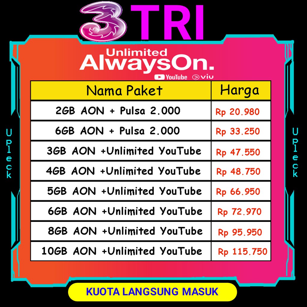 Kuota Internet 3 Tri Aon Unlimited Lte 66 Dan Lte 33 Get More Always On Tembak Inject Paket Shopee Indonesia