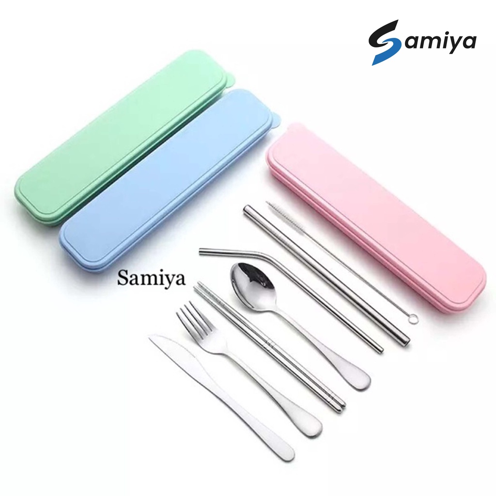 Paket lengkap sendok garpu sumpit pisau sedotan stainless / alat makan lengkap portable cutlery set ( menerima custom LOGO )