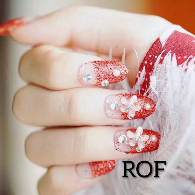 Wedding fake nail 3D Red rhinestone kuku palsu merah pernikahan