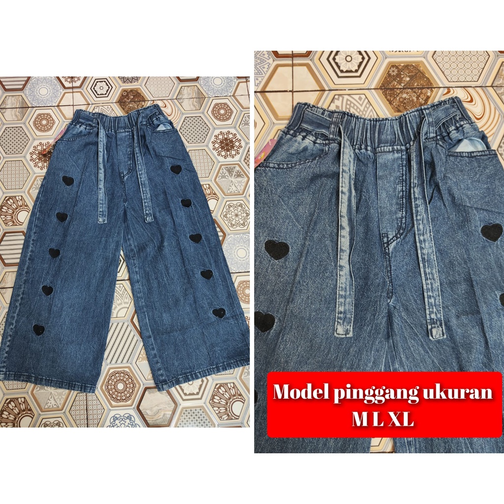 Celana Jeans / Celana Kulot Jeans Anak / Celana Kulot Jeans Bordir Love Anak-Anak Ukuran 4.5.6 M.L.XL Tanggung