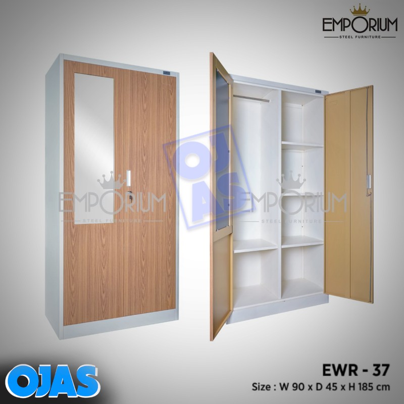 Lemari Pakaian Besi 2 Pintu + Cermin Full Plat Motif Kayu Emporium EWR 37