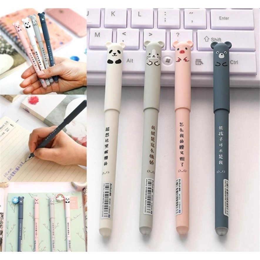 

4 Pcs/set Kawaii Pig Bear Cat Mouse Erasable Gel Pen pulpen hitam
