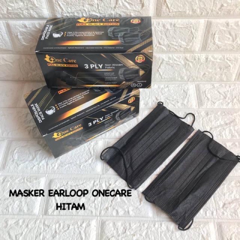 EARLOOP ONECARE BLACK 1BOX ISI 50 PCS TERMURAH / MASKER 3PLY HITAM EMBOS