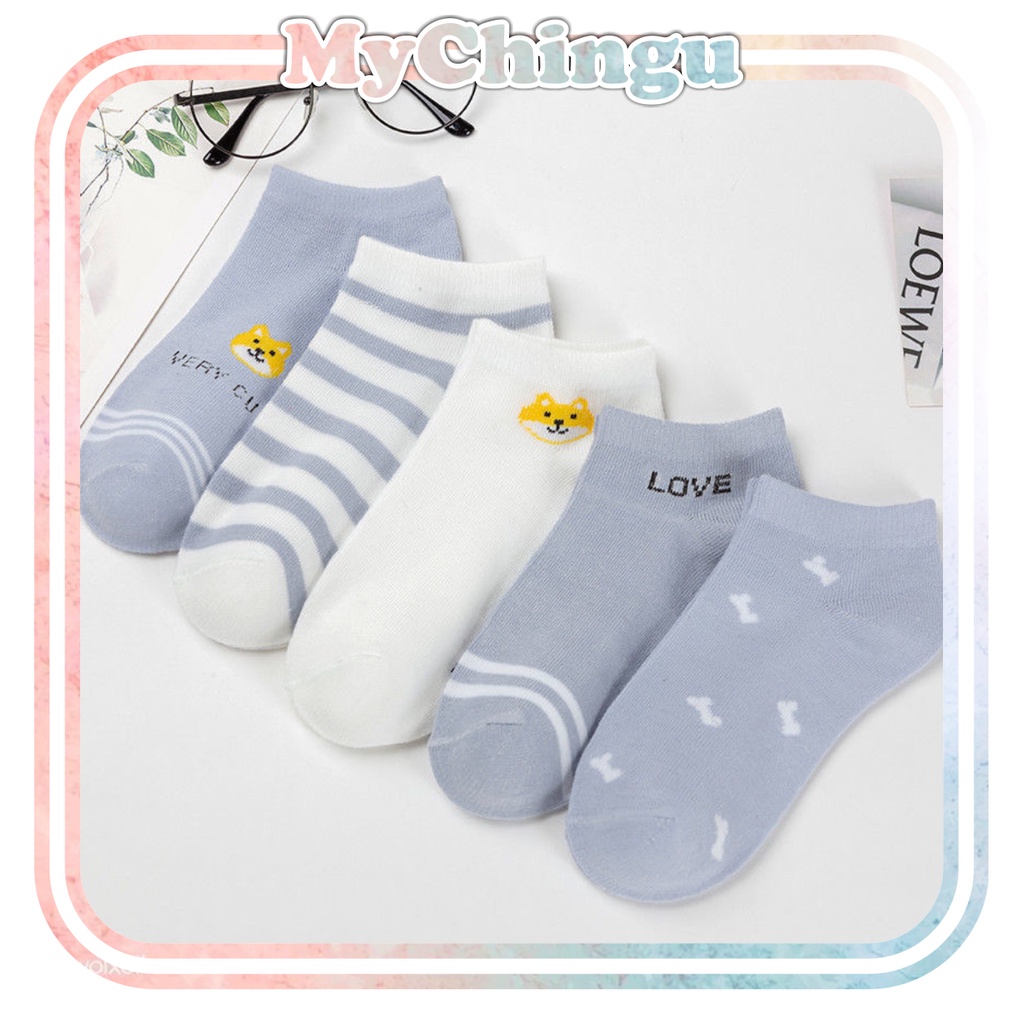 ❀ Chingu ❀ KK030 Kaos Kaki (Tanpa Kemasan) Wanita Tipis Pendek Semata Kaki Motif Blue Doggie Love Fashion Korea Women Sock Import Murah