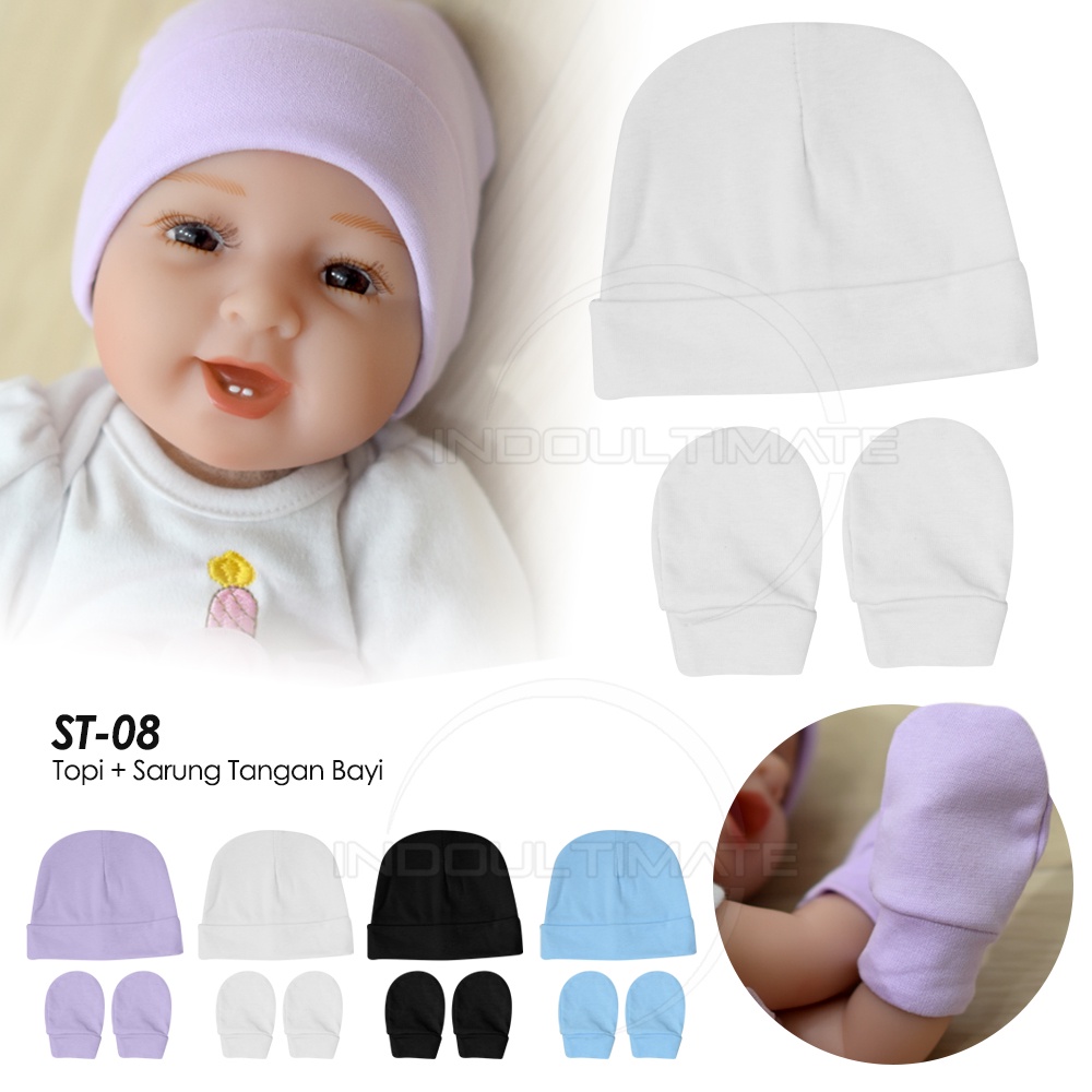 Topi Kupluk Bayi + Sarung Tangan Bayi 2in1 ST-08 Perlengkapan Bayi Pelindung Tangan bayi Baby Hat Penutup Kepala Bayi Penutup Tangan Bayi