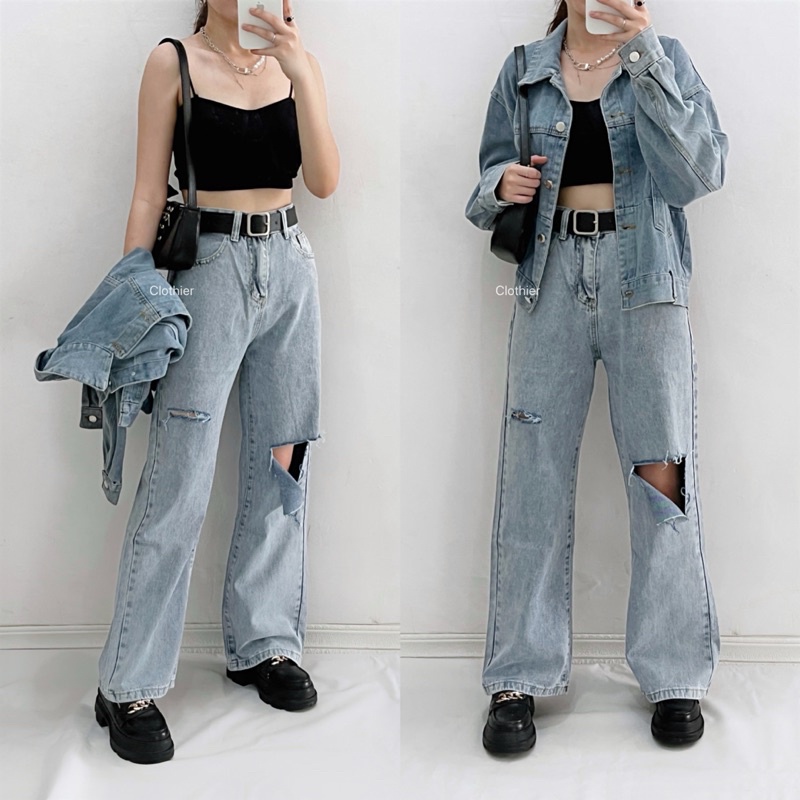 CLOTHIER - Jennie Ripped Baggy Jeans | Unisex Light Blue Baggy Straight Denim