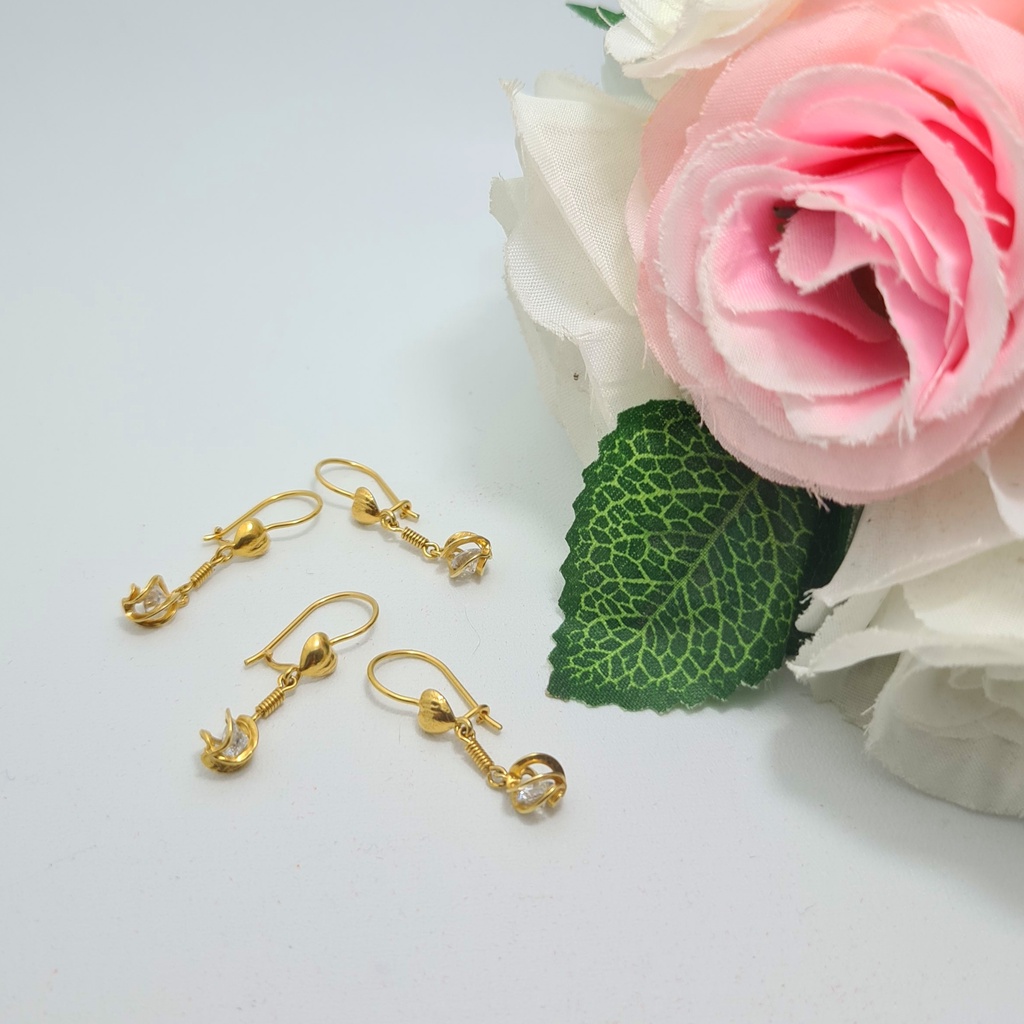 Anting Kait Emas Muda Bandul Kristal Putih Sangkar