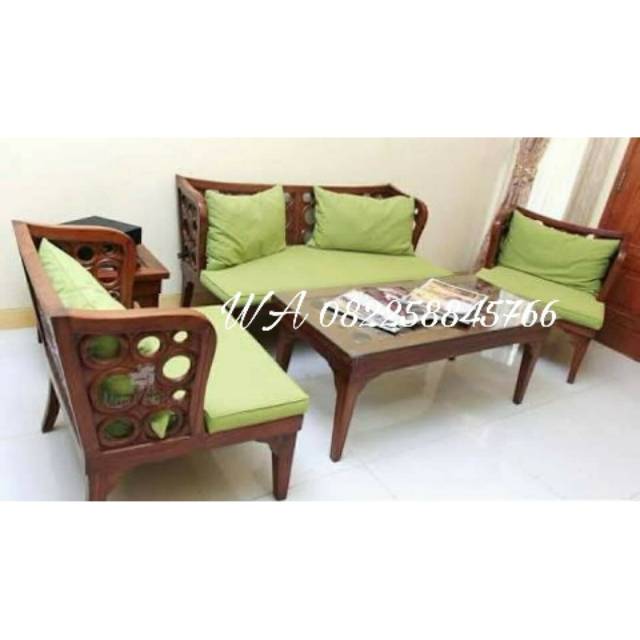 Sofa Meja Kursi Tamu Kayu Jati, Kursi Ukir Bundar Donat, Kursi Busa Bantal Minimalis