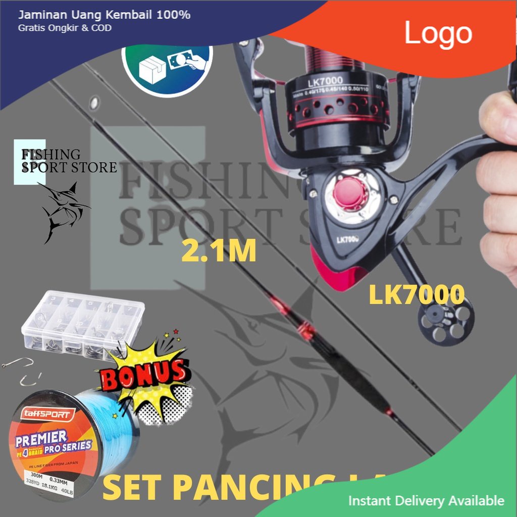 Set Pancing Joran Dan Rel Laut Joran KABINWANG 2.1Meter RED Reel Seri LK7000 Bonus Benang PE mata Ka