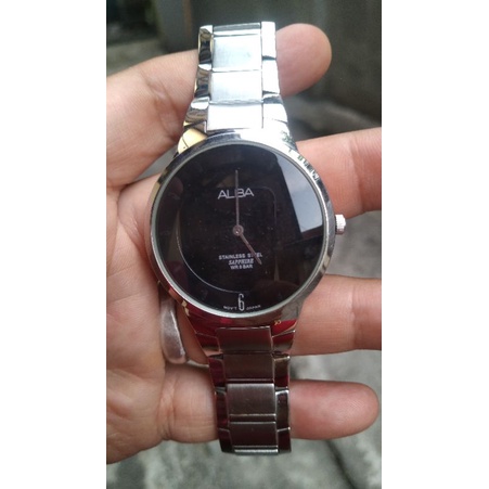 jam alba quartz black dial second bekas original