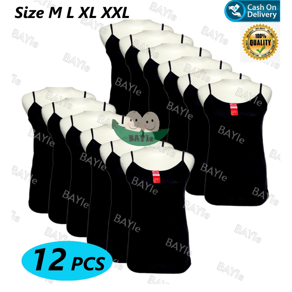 BAYIe - 12 PCS Singlet / Tanktop / Kaos Dalam Wanita Remaja Tali Kecil BODYFIT Bahan Katun Warna PUTIH/HITAM Size M L XL XXL
