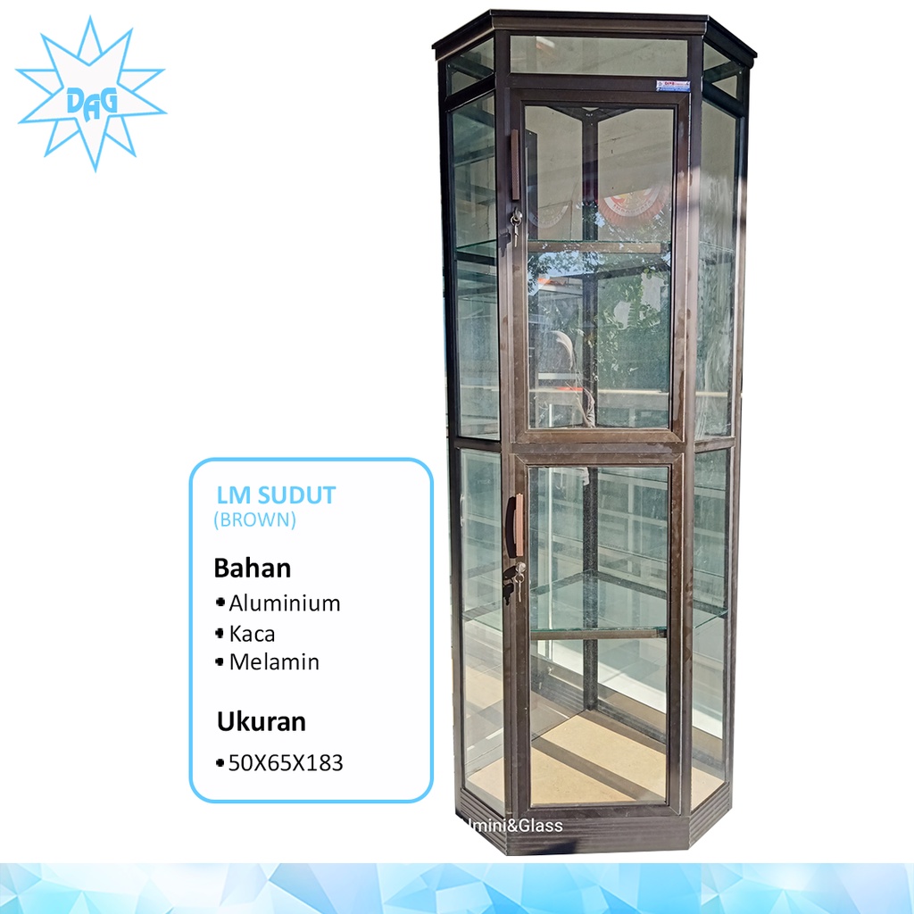 Lemari sudut kaca alumunium coklat,lemari pojok kokoh,lemari sudut kaca elegan
