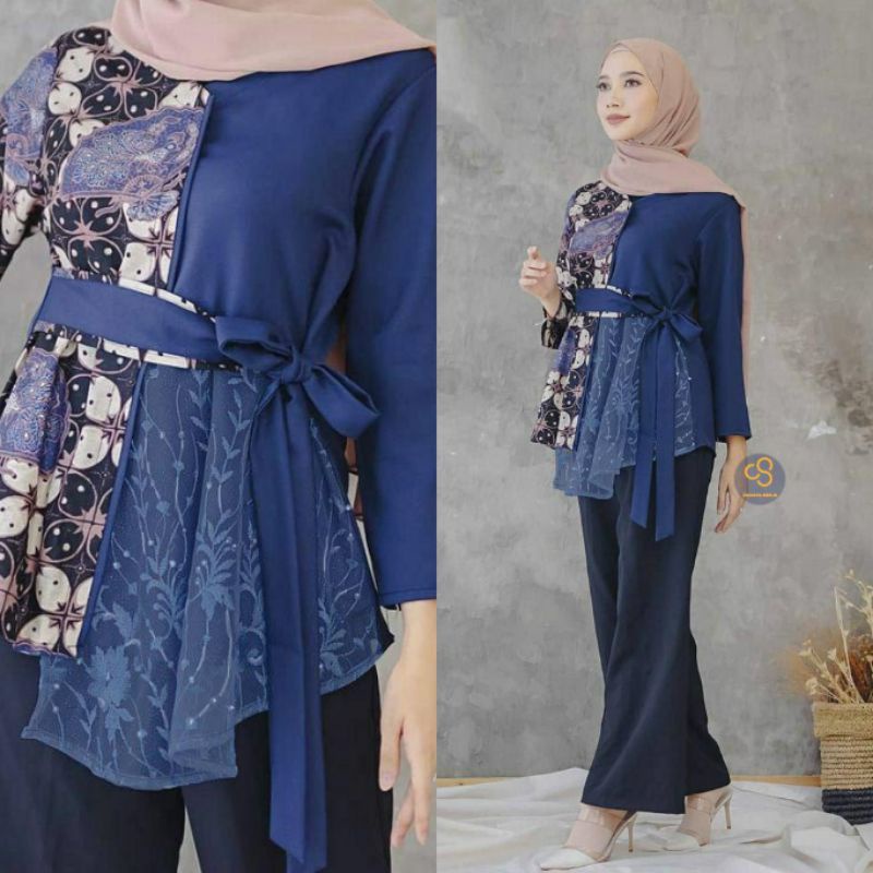 tey-17 Batik wanita ASJ SA HRB026 Kenongo Kemeja Tosca Pendek-TILE NAVY