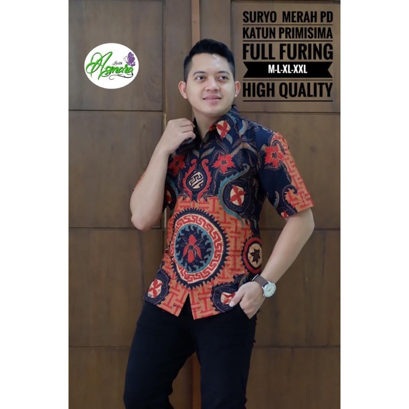 BATIK PRIA SURYO MERAH FULL FURING KATUN HALUS SRAGENAN SIZE M-XXL HIGH QUALITY