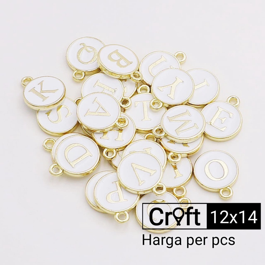 Charm huruf epoxy bulat enamel putih untuk kerajinan bandul gelang kalung