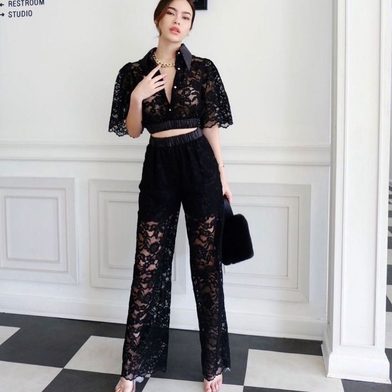 STT6596 setelan wanita brokat crop top celana panjang import