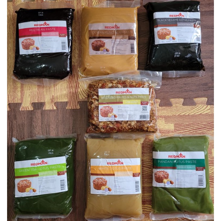 

redman filling mooncake paste 1kg premium quality / moon cake / kue bulan isian white lotus / black sesame / durian mung bean / gojin/ assorted fruits and nuts / red bean / chocolate / pandan / green tea/ white coffee / premium durian less sweet