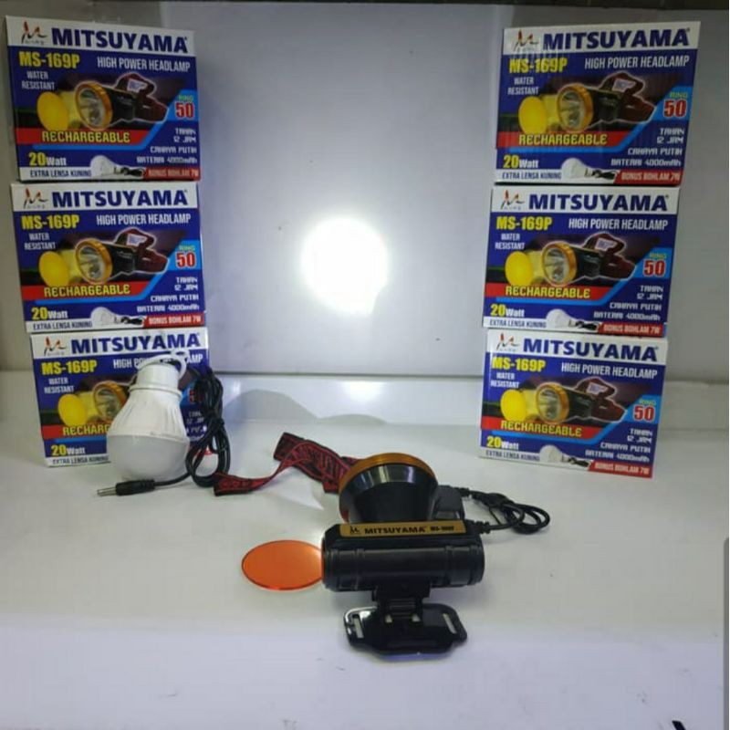 HIGH POWER HEADLAMP MITSUYAMA MS 169P / Senter Kepala LED 20Watt Extra Lensa Kuning Rechargeable