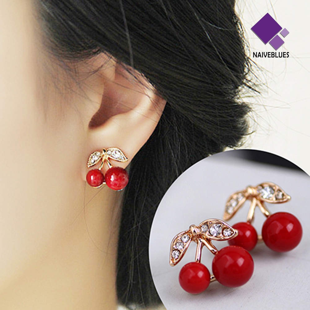 Anting Manik-Manik Ceri Merah Berlian Imitasi Bahan Alloy Warna Emas Untuk Wanita