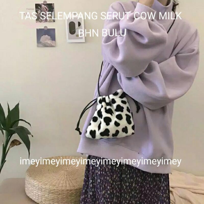 RULLY68 Tas Selempang Serut Cow Milk tas bulu bisa COD