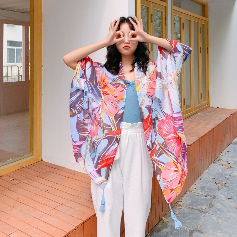 Syal Colorful Lebar Syal Bunga Cerah Kain Pantai Lebar Lucu Selendang Pashmina Import Bagus Besar-2