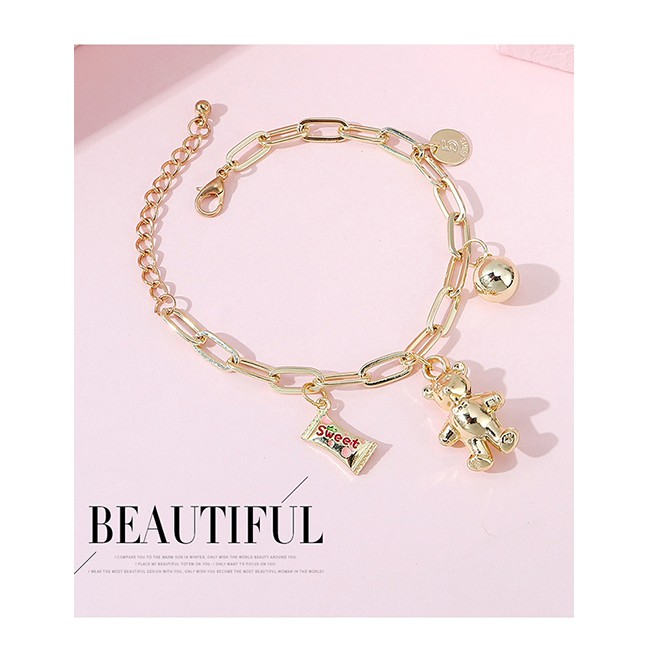 LRC Gelang Kaki Fashion Gold Color Candy Bear Alloy Hollow Bracelet Y64787