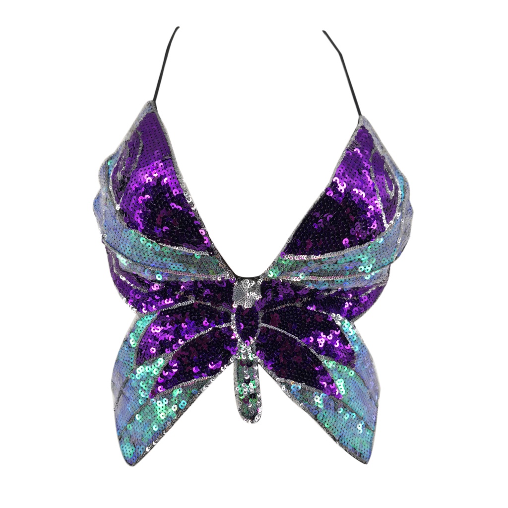 New Arrival Women's Butterfly-shaped Sequin Halter Top Sexy Deep V-neck Backless Crops Sling Vest fo