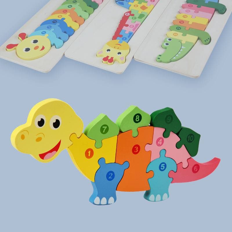 Mainan Edukasi Anak Basic Shape Kayu Balok Geometri Puzzle 3D Montessori Sensory Xylophone Jam Angka-PUZZLE DINO