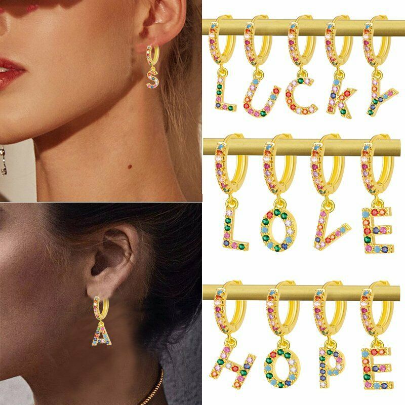 1 Pc Anting Kristal Zircon 18k gold Desain 26 Huruf Warna-Warni Untuk Wanita
