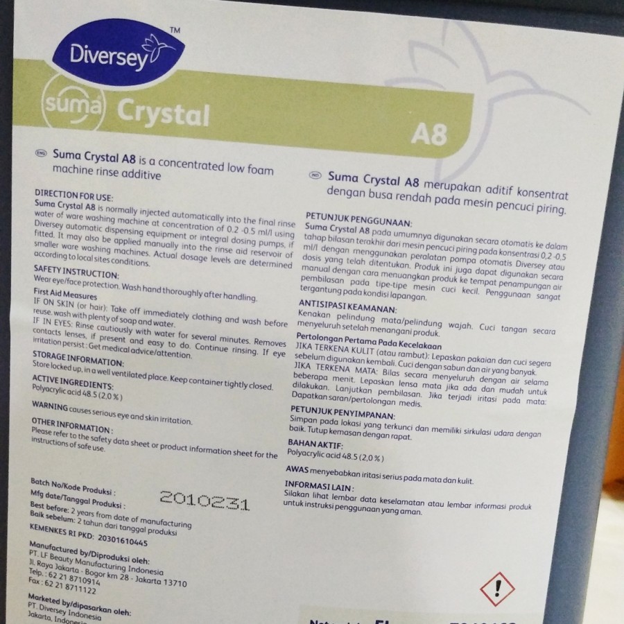 Diversey Suma Crystal A8 5 Liter - rinse aid sabun mesin cuci piring