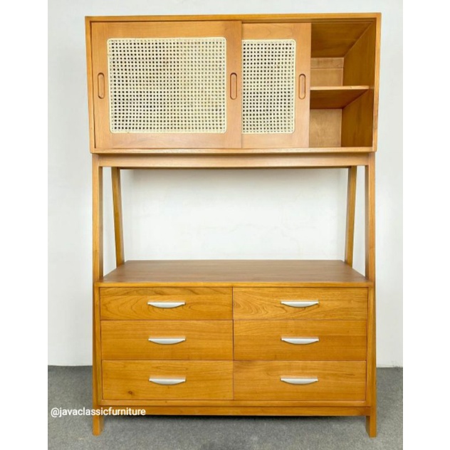 BUFET TINGKAT KITCHEN SET CABINET MINIMALIS ROTAN RAK TEMPAT PENYIMPANAN PIRING MODEL VINTAGE RETRO DAPUR MODERN MURAH BAHAN KAYU JATI TPK GRADE A NATURAL-1