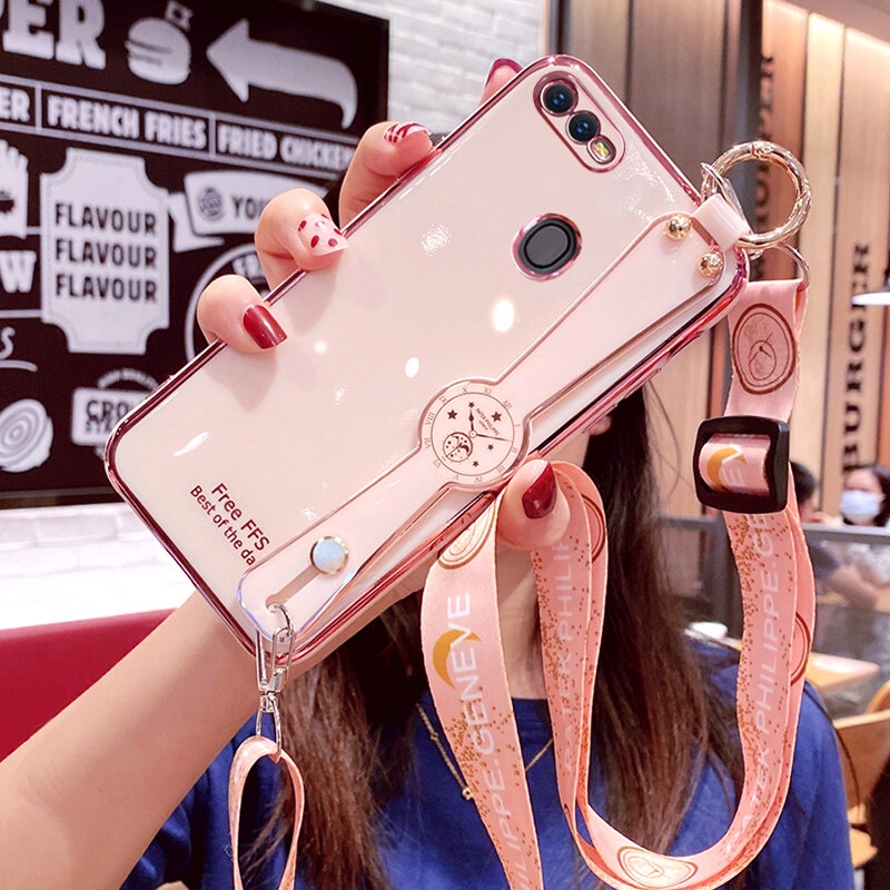 Soft Case Dengan lanyard Leher Aksen Berlian Imitasi Untuk OPPO A5S A12 A7